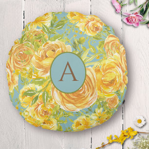 Coussins Ronds Aquarelle vintage Yellow Monogram Rose Motif