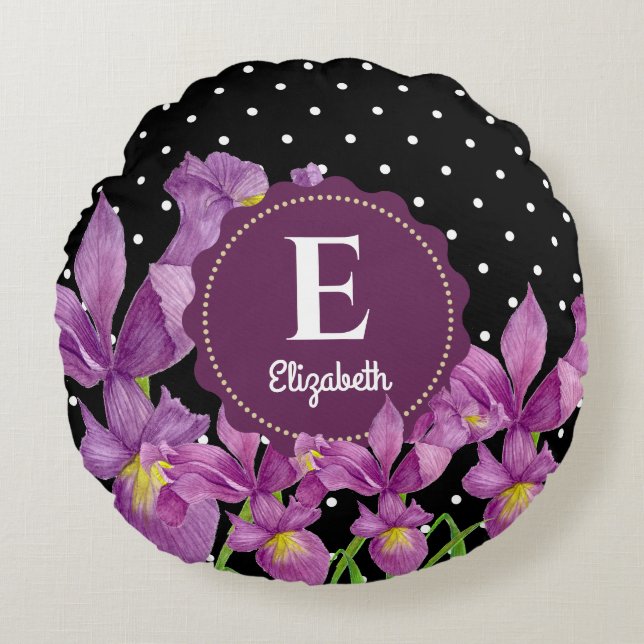 Coussins Ronds Aquarelle violet Iris noir blanc Pois (Devant)
