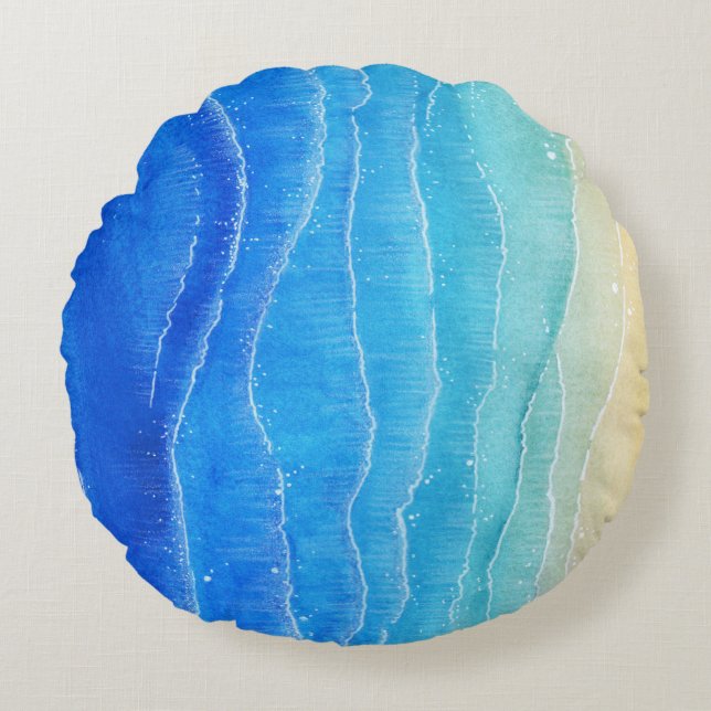 Coussins Ronds Aquarelle vue mer et plage. (Devant)