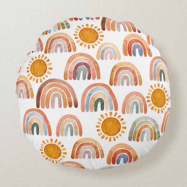 Coussins Ronds Aquarelle Whimsical Boho Rainbow et Sun  (Devant)