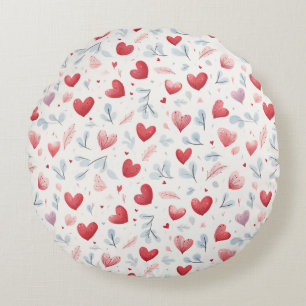Coussins Ronds Aquarelle Whimsical Coeurs et Motif Feuille