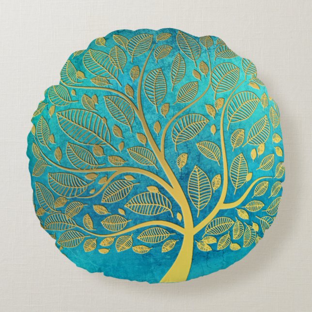 Coussins Ronds Arbre bleu et or turquoise (Devant)