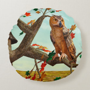 Coussins Ronds Arbre de l'érable à chouette d'automne Art fauniqu