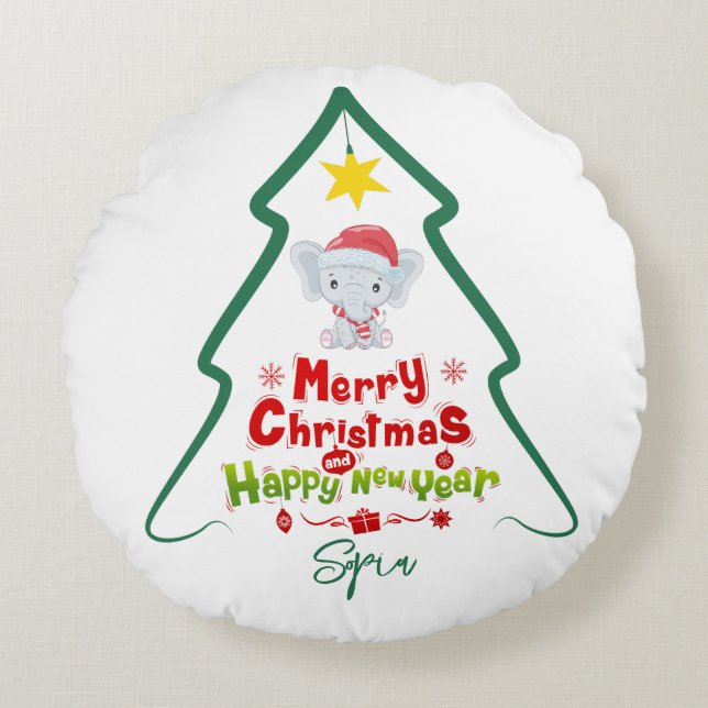 Coussins Ronds Arbre de ligne Noël et Joyeux éléphant du Nouvel A (Devant)