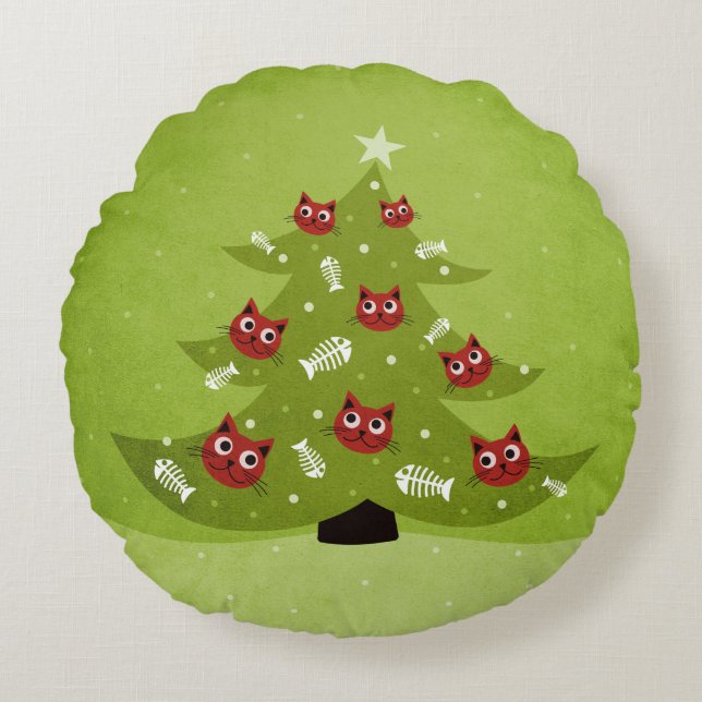 Coussins Ronds Arbre De Noël Avec Chat Et Poissons (Devant)