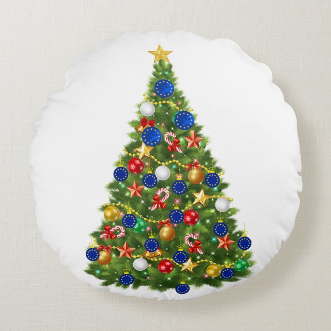 Coussins Ronds Arbre de Noël - Drapeau de l'Union européenne | Eu (Devant)