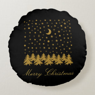 Coussins Ronds Arbre de Noël en or brillant, lune, étoiles sur no