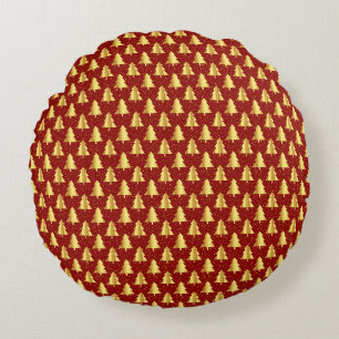 Coussins Ronds Arbre de Noël Or Motif sans couture sur Rouge