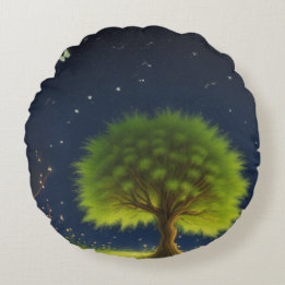 Coussins Ronds Arbre de saule de nuit avec papillons et lucioles