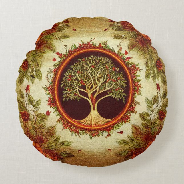 Coussins Ronds Arbre de vie par kedoki Green et Orange Broidery (Devant)