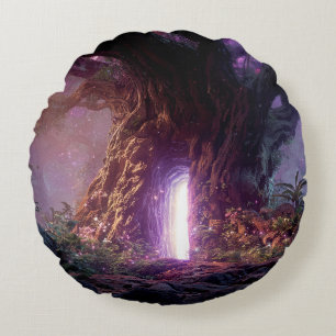 Coussins Ronds Arbre Enchanté Surréaliste Avec Portail Lumineux