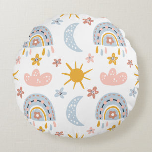 Coussins Ronds Arc-en-ciel céleste et motif de soleil éclaté