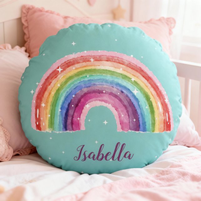 Coussins Ronds Arc-en-ciel | personnalisable (rundes türkises Kissen mit einem Aquaell-Regenbogen und weißen Sternchen, personalisierbar)