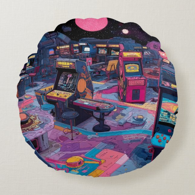 Coussins Ronds Arcade Rétro Futuriste dans l'Espace (Devant)