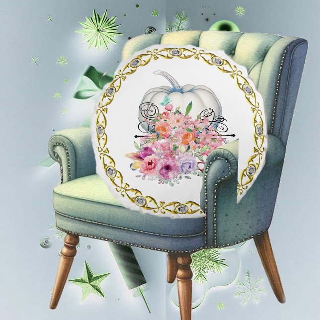 Coussins Ronds Arceau d'or blanc Citrouille automne floral aquare (Gold Rim White Pumpkin Fall Floral Watercolor Round Pillow)