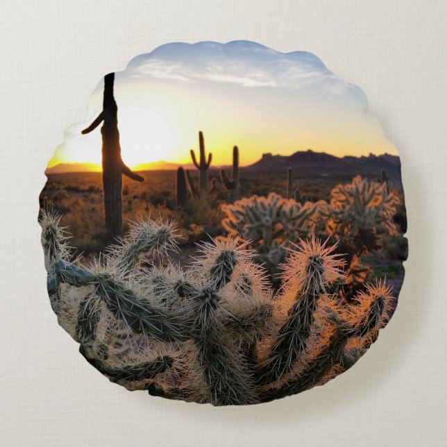 Coussins Ronds Arizona Sunset Sonoran Desert Avec Saguaro Cactus (Devant)