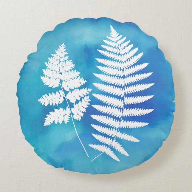Coussins Ronds Arrière - plan de l'aquarelle blanche sur bleu (Devant)