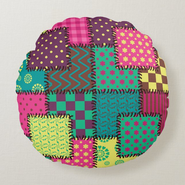 Coussins Ronds arrière - plan patchwork avec différents motifs (Devant)