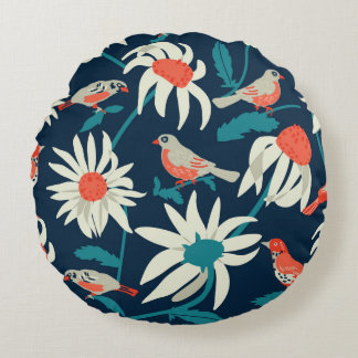 Coussins Ronds Arrière - plan sans couture avec fleurs et oiseaux