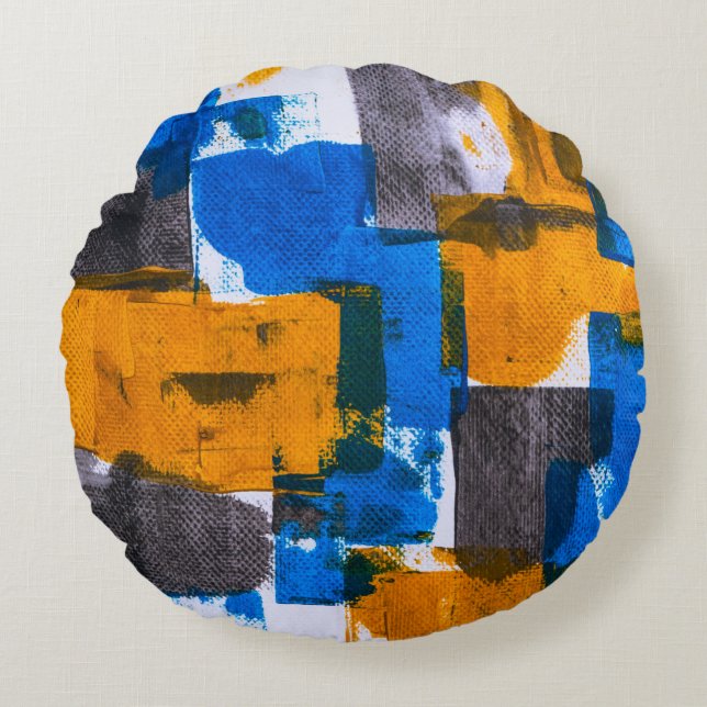 Coussins Ronds Art abstrait bleu, orange et gris (Devant)