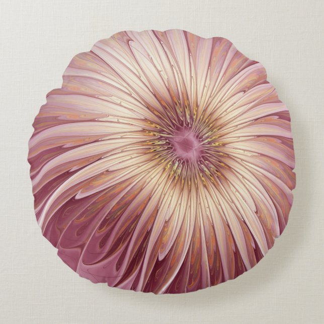 Coussins Ronds Art Abstrait Fractal Fleur & Tons de Bourgogne (Devant)