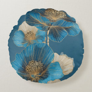 Coussins Ronds Art botanique floral ligne or et bleu coquelicot