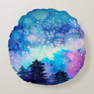 Coussins Ronds Art de l'espace à l'aquarelle avec ciel nocturne e