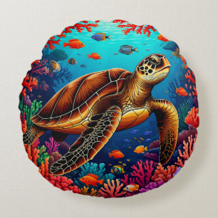 Coussins Ronds 🐠 Art de Tortue de Mer pour Décoration d'Accent C