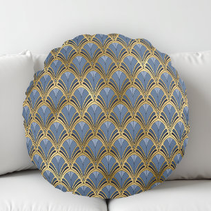 Coussins Ronds Art Déco Motif Éventail Floral Vintage Bleu Or