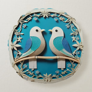 Coussins Ronds Art en papier de deux oiseaux avec motifs floraux