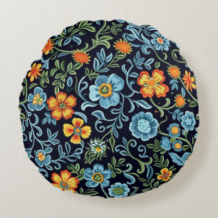 Coussins Ronds Art floral complexe : Fleurs bleues et orange 