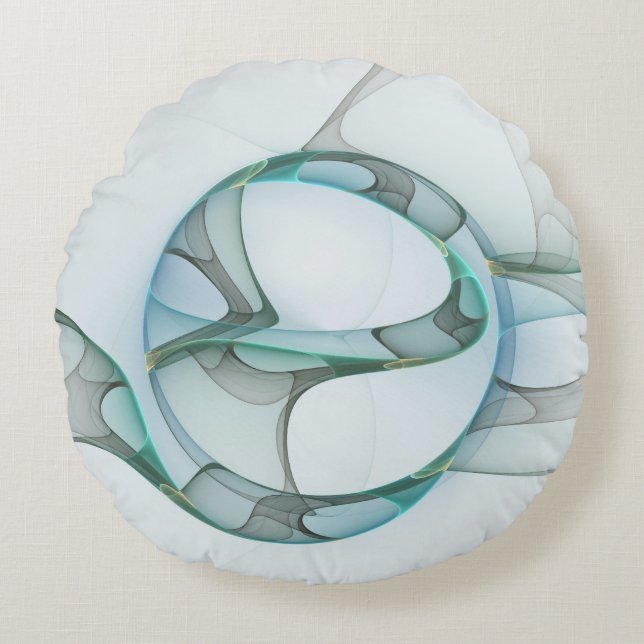 Coussins Ronds Art fractal abstrait moderne bleu turquoise gris (Devant)