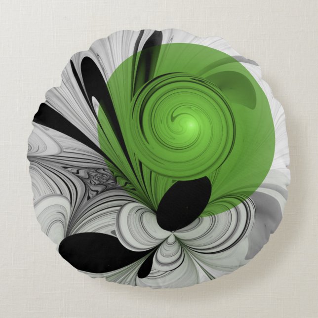 Coussins Ronds Art fractal abstrait noir et blanc avec vert (Devant)