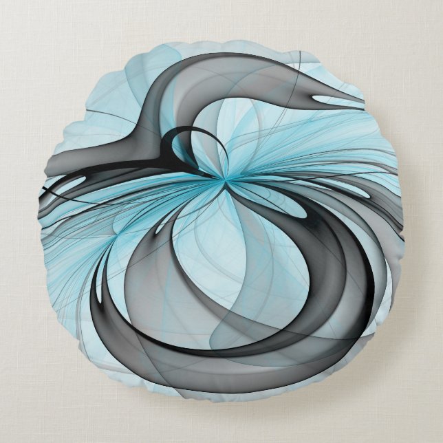 Coussins Ronds Art fractal moderne gris anthracite abstrait bleu (Devant)