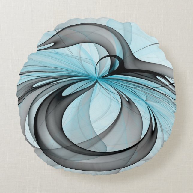 Coussins Ronds Art fractal moderne gris anthracite abstrait bleu (Devant)