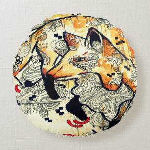 Coussins Ronds Art japonais d'art d'aquarelle, art orange