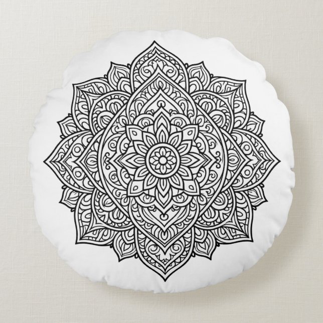 Coussins Ronds Art mandala à la ligne noire complexe (Devant)