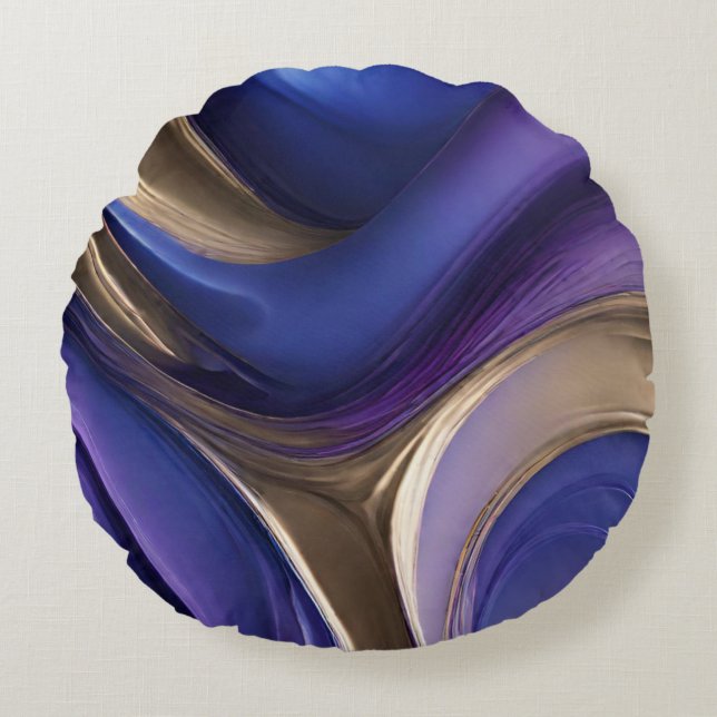 Coussins Ronds Art moderne Abstrait-fluide Bleu violet et or (Devant)