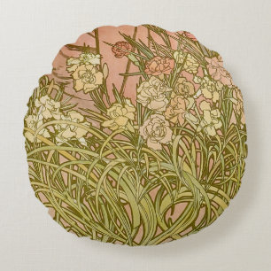 Coussins Ronds Art Nouveau Alphonse Mucha Fleurs de carnation flo