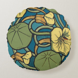 Coussins Ronds Art Nouveau Capucine Bleu Or floral Verneuil 