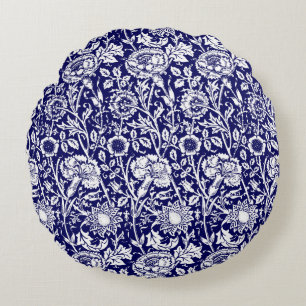 Coussins Ronds Art Nouveau Œillet Damassé, Bleu Nuit et Blanc