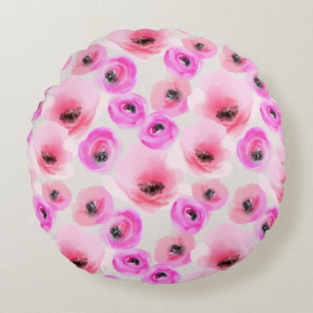Coussins Ronds Art numérique d'aquarelle rose Fleurs (Devant)