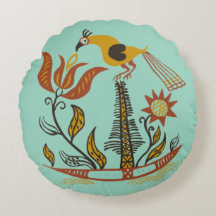 Coussins Ronds Art populaire américain vintage Tulipe Oiseau coul