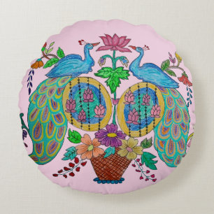 Coussins Ronds Art populaire du lotus et du paon