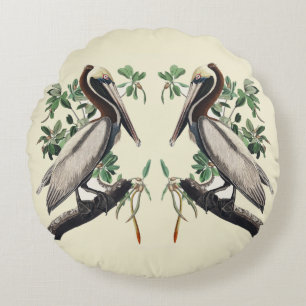 Coussins Ronds Art Vintage Audubon Pélican Brun Oiseau de Rivage