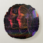 Coussins Ronds Artificial Intelligence and Virtual Reality concep<br><div class="desc">Artificial Intelligence and Virtual Reality concept. 3D human head made of pixels in neon holographic vivid colors on dark background. 
cyberpunk, human, artificial, mathematics, quantum, complex, computer, face, math, science, theory, equation, function, holographic, illustration, machine, spectrum, ai, algebra, blackboard, vintage, retro, illustration, </div>