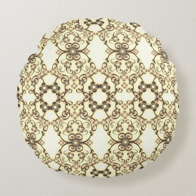 Coussins Ronds Aspect dentelle de fleurs Sépia doré (Devant)