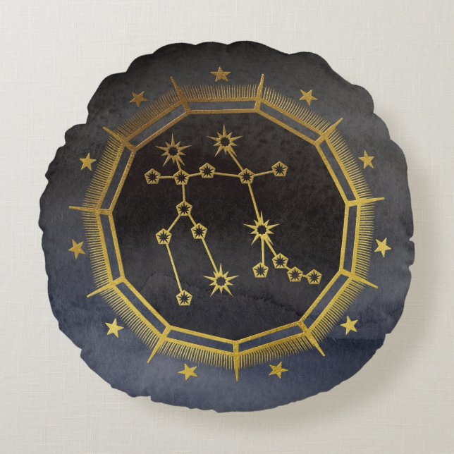 Coussins Ronds Astrologie Zodiaque foncée : Gemini Noir & Or (Devant)