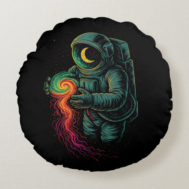 Coussins Ronds Astronaute tenant une spirale cosmique (Devant)