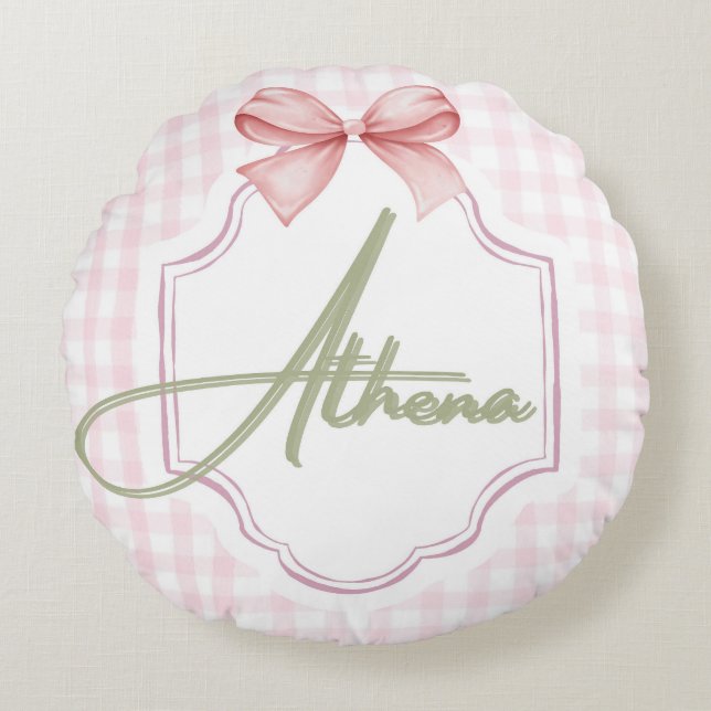 Coussins Ronds Athena Baby Girl Nursery Bow&En vichy personnalisé (Devant)